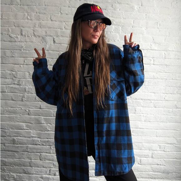 Y2K Vintage Blue Plaid Flannel Utility Blanket Thermal Oversize Coat Jacket - Picture 2 of 10